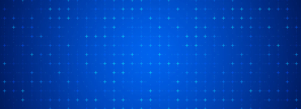 Blue glowing square grid background. Cross and dot tech network backdrop. Abstract checkered dashboard pattern for science, technology, business, healthcare, medicine design template. Vector wallpaper