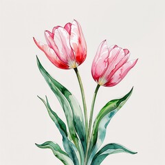 Pink tulip flower watercolor art painting design on plain white background illustration