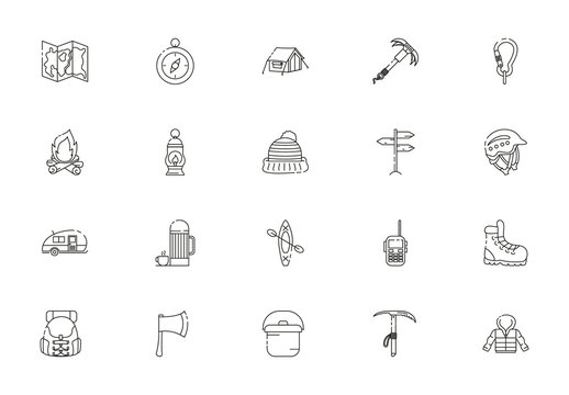 Black Mountaineering Outdoor Adventure Exploration Icons Set