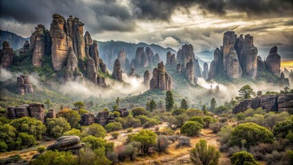 Majestic Stone Pillars Enveloped in Morning Mist, a Breathtaking Landscape of Rugged Peaks and Lush Vegetation