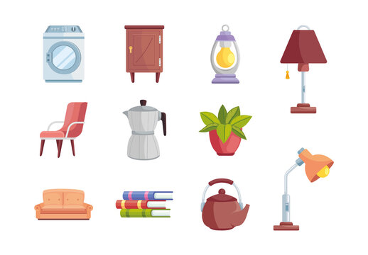 Colorful Modern Home Furniture Decorative Icons Set