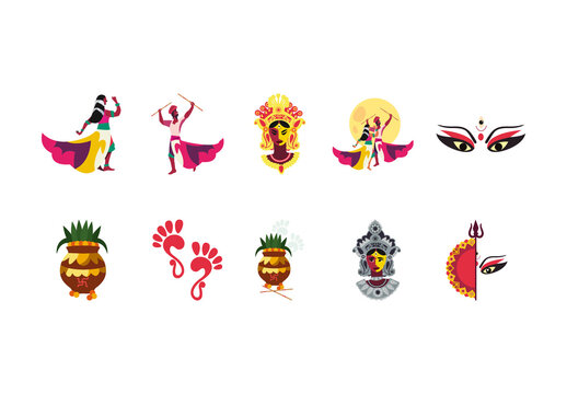 Colorful Traditional Indian Navratri Festival Illustration Set