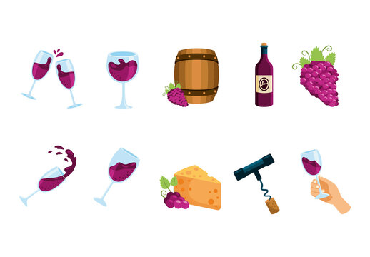 Colorful Wine Celebration Food Icons Set