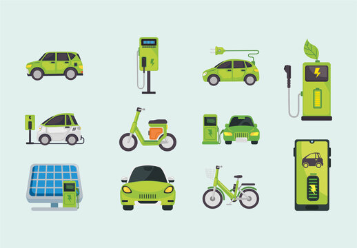 Green Sustainable Electric Transport Icons Set