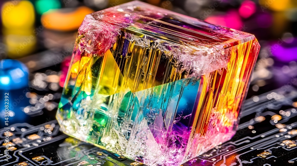 Poster illuminated crystal matrix display digital lab photography colorful close-up data encryption concept