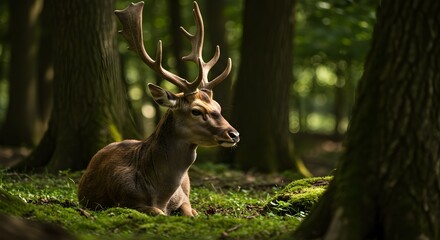 Majestic Deer Resting in Sun-Dappled Forest Glade