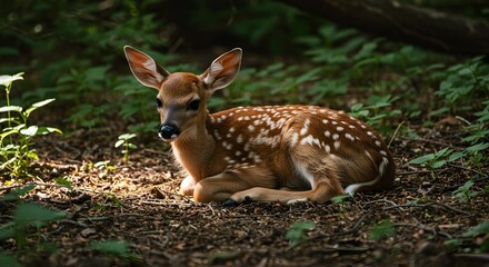 Fawn Resting in dappled Sunlight, Forest Floor