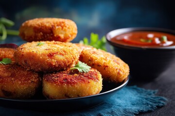 Aloo Tikki Ragda Patties Cutlet is a common Indian snack accompanied by tomato ketchup or tamarind chutney set against a blurred backdrop