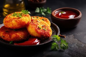Aloo Tikki Ragda Patties is a popular Indian snack accompanied by tomato ketchup or tamarind chutney against a blurred backdrop