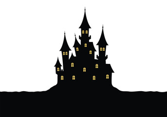 Obraz premium Halloween Castle Silhouette. This image shows a spooky castle with pointed towers, glowing windows, and eerie surroundings, ideal for Halloween-themed designs. Vector clipart illustration design.