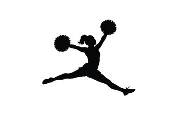 Cheer Jump Silhouette. A black silhouette image of a cheerleader in mid-air, also referred to as a cheerleading pose or athletic jump, with pom-poms in both hands. Vector clipart illustration design.