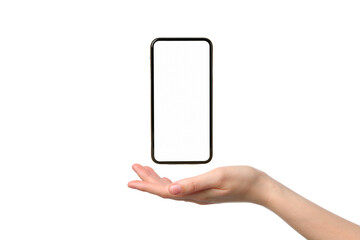 A smartphone hovers above an open hand demonstrating a sleek design, isolated on white, PNG