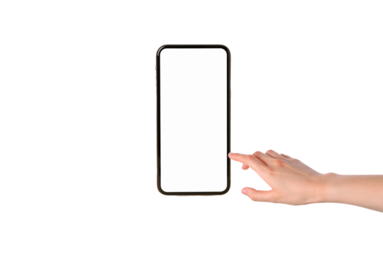 User interacts with a minimalist smartphone with no display, isolated on white, PNG
