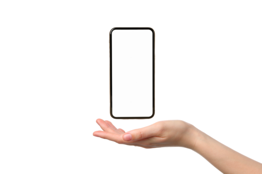 A smartphone hovers above an open hand demonstrating a sleek design, isolated on white, PNG