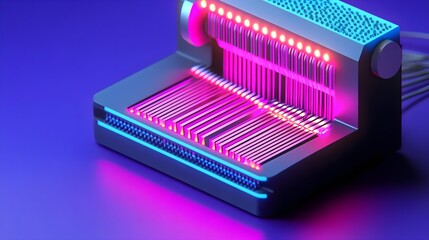 Precision cutting of metallic sheets workshop digital art neon glow environment close-up viewpoint