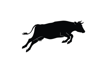Obraz premium Cow Jumping Silhouette. This image shows a black silhouette of a jumping cow in motion, also referred to as leaping cattle or bovine. Vector clipart illustration design.