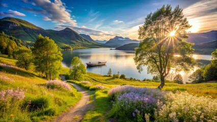 Serene Lakeside Path at Sunset, Majestic Mountains in the Background, Blooming Wildflowers Adorn the Rolling Hills, Tranquil Water Reflects the Golden Hour Light