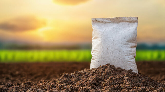 Fertilizer Manure Theme, Bag of aged manure fertilizer stands on mound of soil, enhancing garden growth