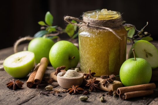 Apple jam or sauce made with green apples and spices set against a rustic wooden backdrop
