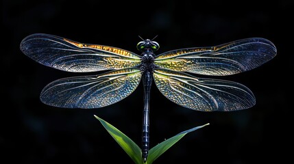 A detailed close-up of a dragonfly on a blade of grass.