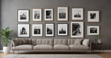 Chic gallery wall mockup; diverse frame sizes, modern decor,  photo mockup,  apartment