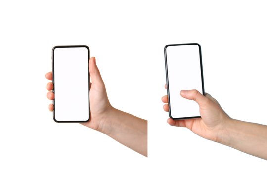 Hands display a modern smartphone with a clean, blank screen, isolated on white, PNG