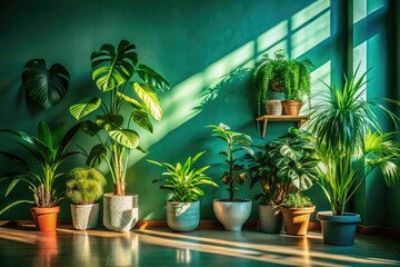 Fototapeta premium Surreal Sunlight Indoor Plants, Dramatic Shadows, Botanical Photography, Houseplant, Shadow Art, Fantasy Plants, Interior Design, Sunlit Room, Green Plants, Home Decor