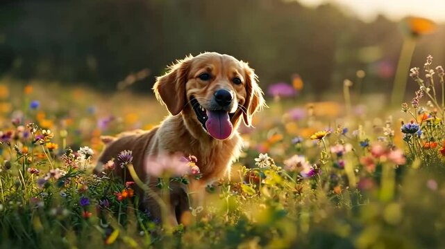 Golden retriever puppy frolicking joyfully in a colorful wildflower meadow at sunset