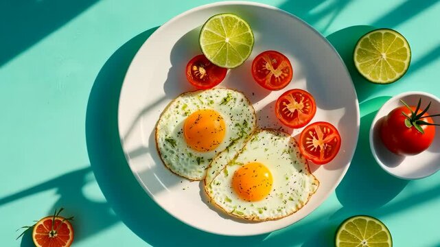 Vibrant breakfast scene with sunnyside eggs and fresh citrus on turquoise background