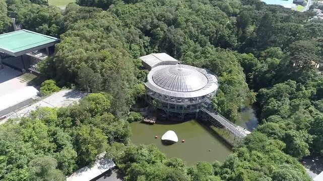 Aerial drone shot of seel frame opera house in Curitiba Brazil