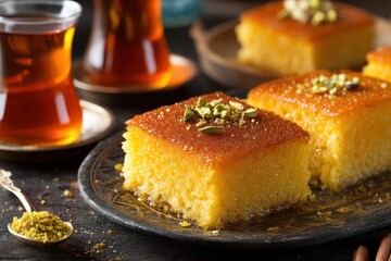 Basbousa Namoora Egyptian semolina dessert drizzled with orange syrup and spices