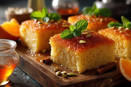 Basbousa Namoora Semolina dessert from Egypt topped with orange syrup and spices focused shot