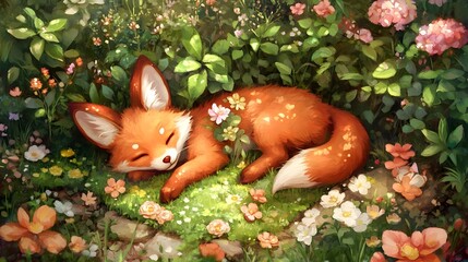 Cute sleeping fox in flower garden nature illustration peaceful atmosphere