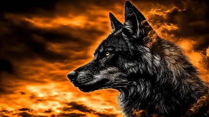 Majestic black wolf in fiery sunset nature scene digital art dramatic atmosphere