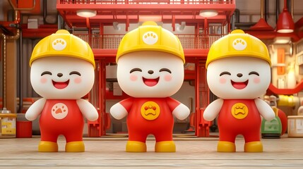 Playful cartoon characters in construction theme studio setting digital art colorful environment creative viewpoint