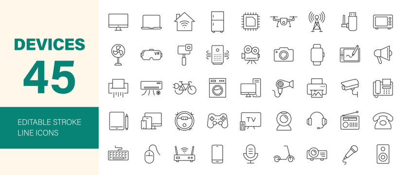Devices icon set. Containing electronics, home appliance, smart devices, technology, computer, smartphone, tablet, laptop, drone, TV, camera and more. Editable line icons. Vector illustration.