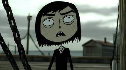 Eerie animated character encounter coastal town digital art dark atmosphere close-up expressive emotion