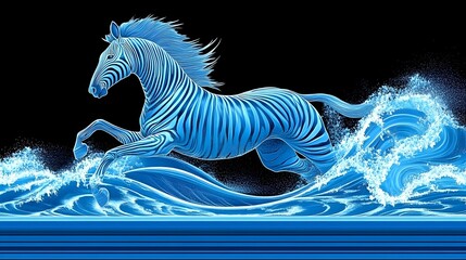 Dynamic blue zebra leaping through ocean waves artistic chaos abstract environment