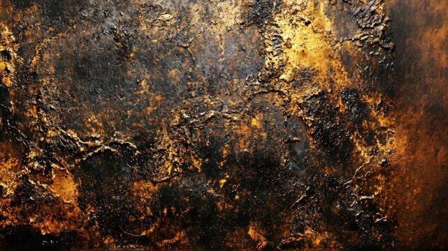 Abstract texture displays dark cracked surface illuminated by orange & gold glow