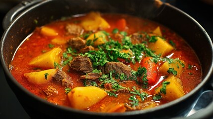 Hearty stew simmering in a dark pot.