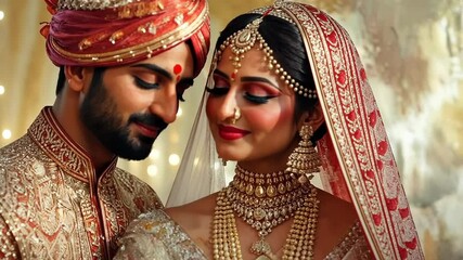 Romantic wedding couple embracing in traditional indian attire