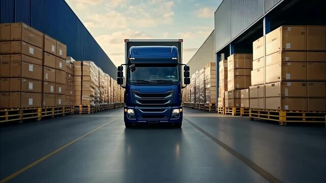 Truck navigating through a large warehouse with stacked boxes during the day