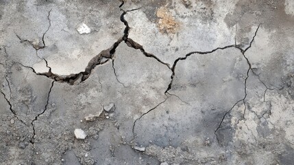 Obraz premium Surface crack and fissure in ground, concrete, crevices from disaster top view. Breaks on land surface from earthquake isolated. Broken ground, wall, glass pattern effect.