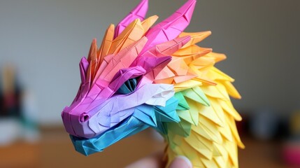 Obraz premium Colorful origami dragon figure held in hand, showcasing intricate paper folding techniques