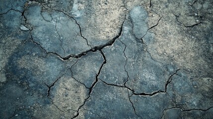 Obraz premium Surface cracks and fissures in ground, concrete, crevices from disaster top view. Breaks on land surface from earthquake isolated. Broken ground, wall, glass effect.