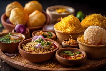 Fototapeta premium Bombay chat food assortment features golgappa panipuri bhel puri sev poori dahipuri Ragda pattice raj kachori and more Selective emphasis