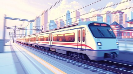 Naklejka premium A pixel art 3D rendering of an elegant Japanese train and cityscape, dynamic motion blur in soft pastel colors, graceful and soothing aesthetic