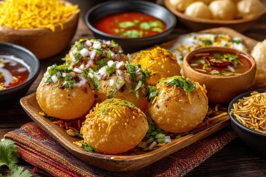 Bombay chat food assortment features golgappa panipuri bhel puri sev poori dahipuri ragda pattice and raj kachori among others
