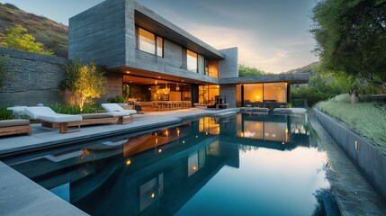 Modern concrete house with a backyard pool and landscaping.
