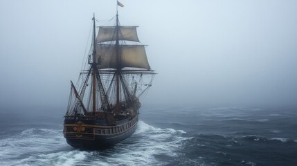 Obraz premium Historic sailing ship in a foggy sea